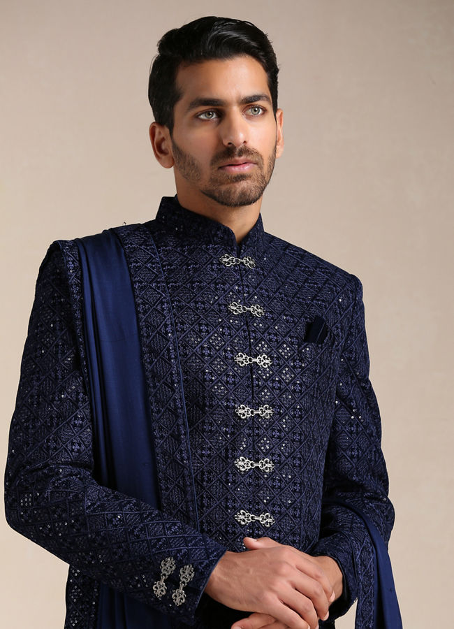 Royal Blue Sequined Sherwani Set image number 0